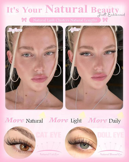 Natural Lash Clusters Short 8-10-12mm Cluster Eyelash Extensions 240Pcs Wispy Eyelash Clusters Venus Natural Individual Lashes with Clear Band for Lash Extensions Beginner Glasses Friendly