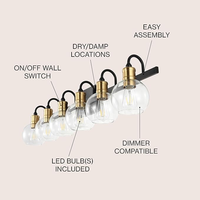 JONATHAN Y 44.25" Black/Brass Gold Vintage Wall Sconce, LED Vanity Light for Bathroom Bedroom Entryway, Clear Glass Globe Shade, Modern Industrial Arched Lamp, LED Bulb Included (JYL3557A)