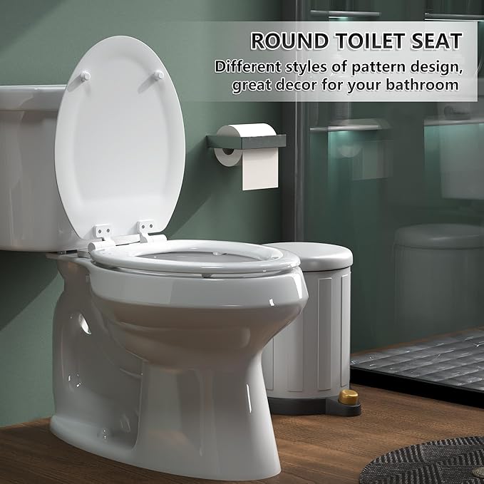 Elongated Toilet Seat Angol Shiold Quiet-Close Molded Wood Toilet Seat with Non-Slip Adjustable Hinges, Anti-Pinch Bumpers, Easy Install & Clean（White, Elongated 18.5''）