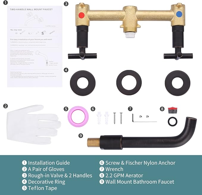 ARCORA Wall Mount Bathroom Faucet, Oil Rubbed Bronze Bathroom Sink Faucet, 2 Handle Wall Mount Vessel Sink Faucet Rough in Brass Valve Included