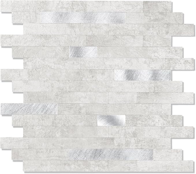 10 - Sheet Peel and Stick Backsplash Wall Tile, PVC Kitchen Backsplash, Stick on Tiles for Backsplash Kitchen (12'' X 12'', White Gray)