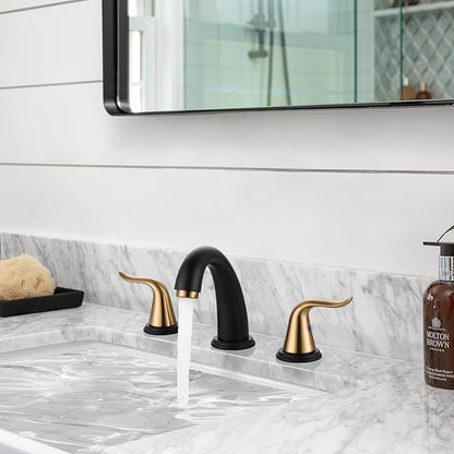 WOWOW Black and Gold Widespread Bathroom Faucet Bathroom Sink Faucet 3 Hole Vanity 2 Handle Basin 8 Inch Mixer Tap with Pop Up Drain and Supply Hose