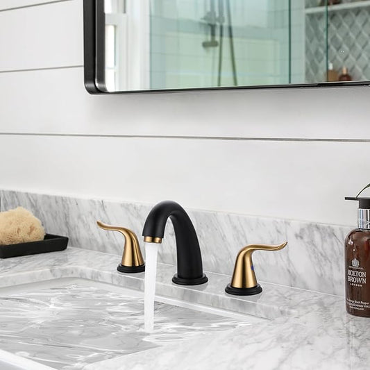 WOWOW Black and Gold Widespread Bathroom Faucet Bathroom Sink Faucet 3 Hole Vanity 2 Handle Basin 8 Inch Mixer Tap with Pop Up Drain and Supply Hose
