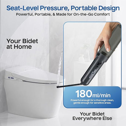 BIDET BUDDY® GoFlow Portable Bidet for Travel - 180mL Bottle with Two Power Modes, Nozzle Wand, IPX6 Waterproof, USB C Charging, 800mAh Rechargeable Battery, Medium Pressure