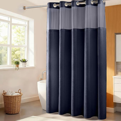 River Dream Cotton Blend Fabric Shower Curtain Set with Liner, Navy, 71x86 | Waffle Weave, No Hook Needed, with Snap in Replacement Liner, Top Sheer Window, Hotel Quality for Bathroom, Extra Long