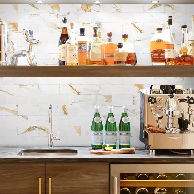 STICKGOO 10-Sheet Peel and Stick Backsplash, Calacatta Golden | Marble Look Kitchen Backsplash Wall Tiles, Peel and Stick Wall Panels for Bathroom, Fireplace, RV