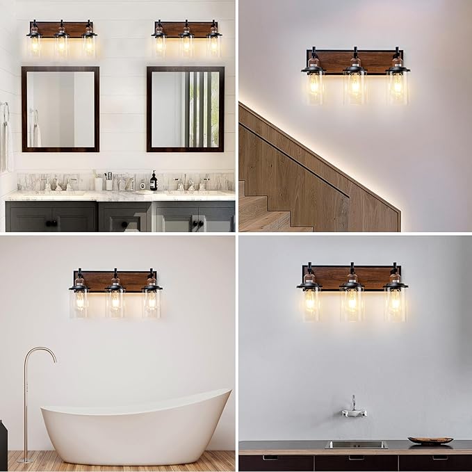 3-Light Farmhouse Bathroom Light Fixtures Vintage Vanity Lights Over Mirror Black and Wood Painted Metal Vanity Light with Glass Shades E26 Socket