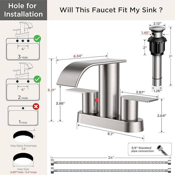 FORIOUS Bathroom Faucet 4 Inch Centerset Two Handles 2 Pack Brushed Nickel | Waterfall Bathroom Sink Faucet 2 or 3 Hole with Pop up Drain and 24" cUPC Hose, Suitable for RV Vanity Lavatory and Restroom