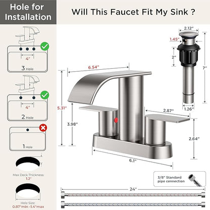 FORIOUS Bathroom Faucet 4 Inch Centerset Two Handles 2 Pack Brushed Nickel | Waterfall Bathroom Sink Faucet 2 or 3 Hole with Pop up Drain and 24" cUPC Hose, Suitable for RV Vanity Lavatory and Restroom