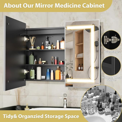 ROOMTEC 36 x 30 Inch Medicine Cabinet Mirror with LED Lights, Silver Bathroom Medicine Cabinet with Mirror and Storage, Recessed or Wall Mount, 3 Color Temperature, Dimmable Light