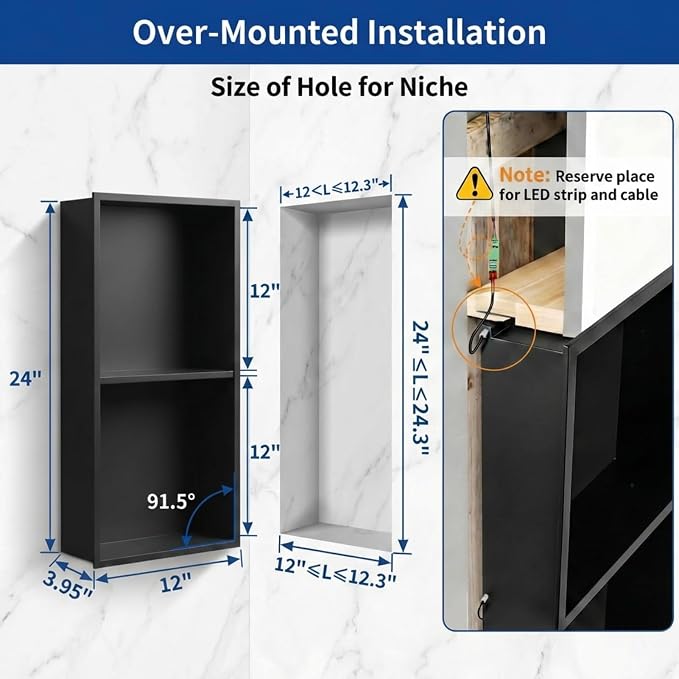 304 Stainless Steel LED Recessed Black Shower Niche 12"x24" Double Shelves | Waterproof Rustproof Bathroom Shower Niche Insert No Tile Needed, for Shower & Bathroom Storage