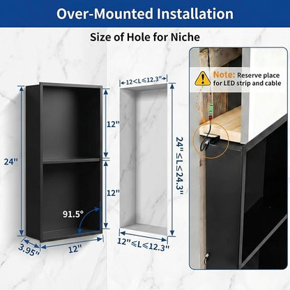 304 Stainless Steel LED Recessed Black Shower Niche 12"x24" Double Shelves | Waterproof Rustproof Bathroom Shower Niche Insert No Tile Needed, for Shower & Bathroom Storage