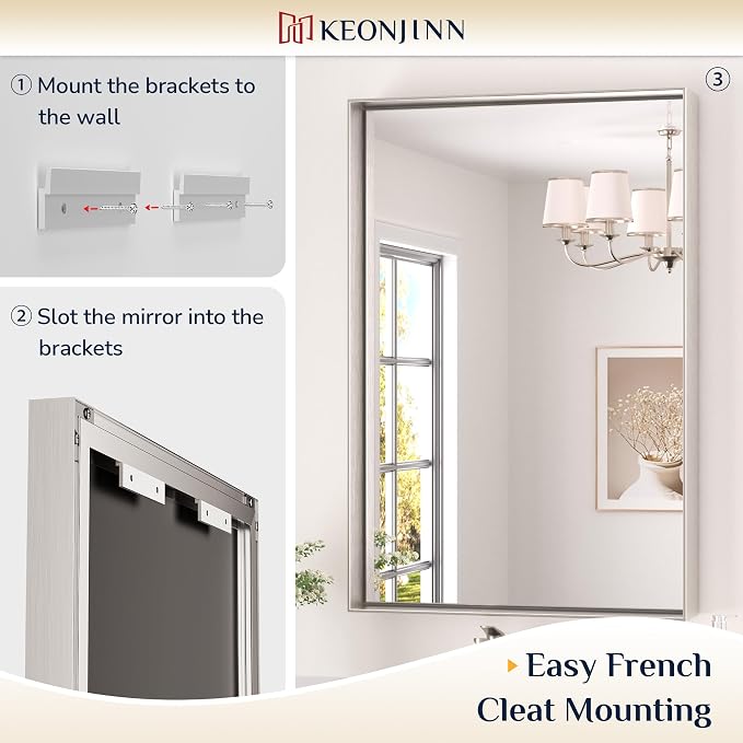 Keonjinn 48x24 Inch Nickel Bathroom Mirror for Over Sink, Rectangular | HD Tempered Glass, Vanity Mirror, Brushed Framed, Square Corner, Modern Farmhouse, Wall Mounted Mirrors, Aluminum Alloy