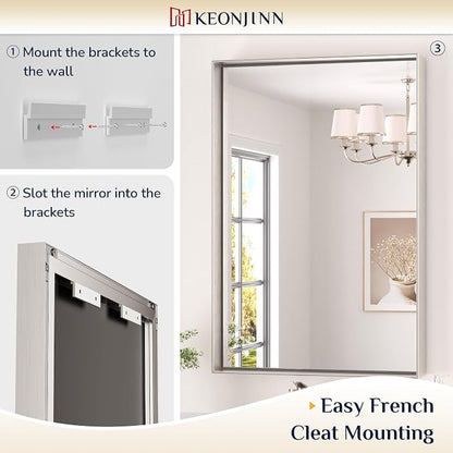 Keonjinn 48x24 Inch Nickel Bathroom Mirror for Over Sink, Rectangular | HD Tempered Glass, Vanity Mirror, Brushed Framed, Square Corner, Modern Farmhouse, Wall Mounted Mirrors, Aluminum Alloy