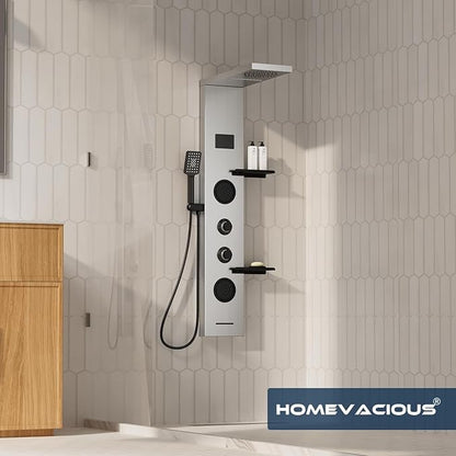 Homevacious 4 In 1 Shower Panel System with Shelf,LED Rainfall Shower Head and Massage Body Jets,3 Functions Handheld Head and Tub Spout,Stainless Steel Bathroom Shower Fixtures,Brushed Nickel
