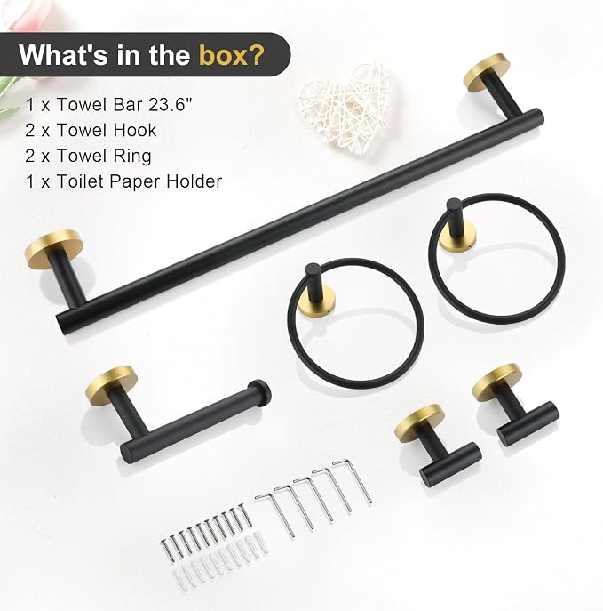 TQKAG Black and Gold Bathroom Hardware Set, 6-Piece Towel Bar Set 23.6 Inch | Towel Bar Set, Wall Mounted, Bathroom Accessories Set Include Paper Holders, Towel Rings, Towel Hooks, SUS304 Stainless Steel