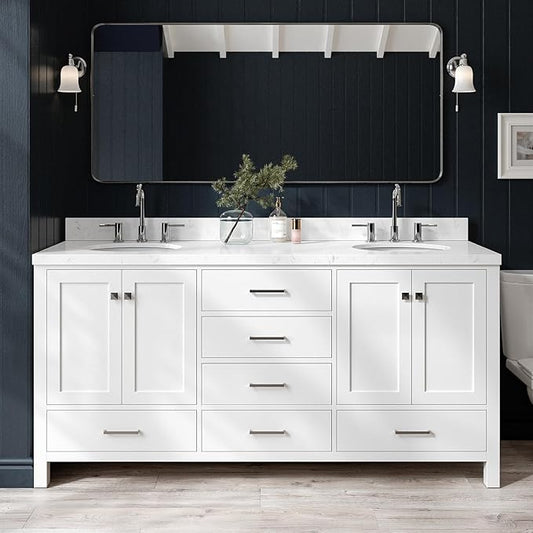 ARIEL Cambridge 72-inch Bathroom Vanity with Sink,Solid Wood, 1.5-inch Carrara White Quartz Countertop & Backsplash, Double Oval Porcelain Sink, 4 Soft Closing Doors, 6 Dovetail Drawers, White