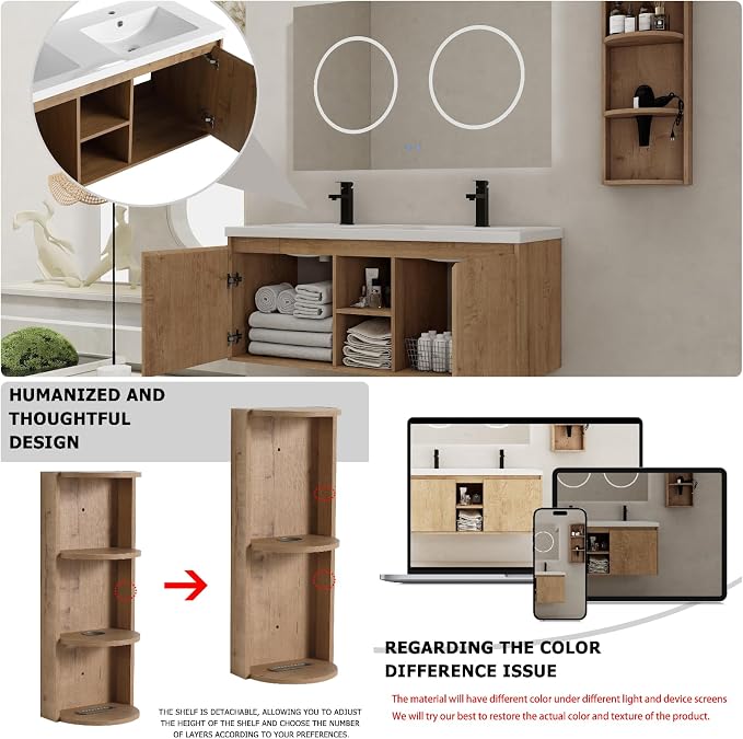 Floating Bathroom Vanity, 48" Bathroom Storage Cabinet with Double Resin Sinks, 2 Soft-Close Doors & 2 Open Storage Shelves, Wall-Mounted Vanity with Extra Three-Layer Spacious Shelves, Oak