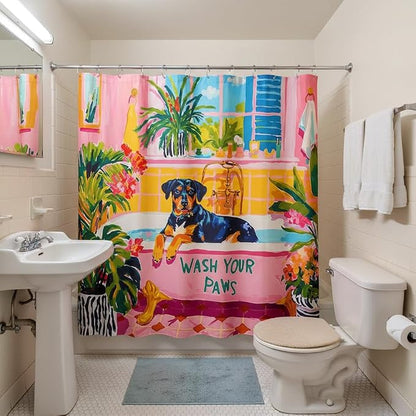 Accnicc Funny Dog Shower Curtain Boho Cute Rottweiler Shower Curtains for Bathroom Green Tropical Plants Pink Bathtub Matisse Decorative Unique Waterproof Fabric Bath Curtain Decor 72 X 72 Inches