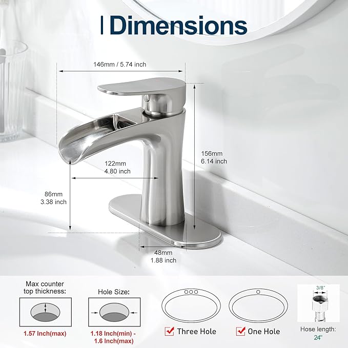 VOTON Bathroom Faucets Brushed Nickel Single Handle Waterfall Sink Faucet One Hole or Three Holes with Deck Mount Vanity Farmhouse RV Vessel Basin Faucet