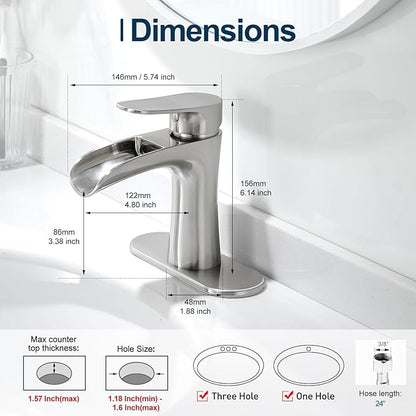 VOTON Bathroom Faucets Brushed Nickel Single Handle Waterfall Sink Faucet One Hole or Three Holes with Deck Mount Vanity Farmhouse RV Vessel Basin Faucet