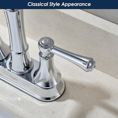 4" Centerset Polished Chrome Bathroom Faucets for 2/3-Hole Sinks | Includes Plastic Pop-Up Drain, Classic 4" Center Set Lavatory/Bath Vanity Faucets, 2-Handle High Arc 360° Swivel Brass Spout