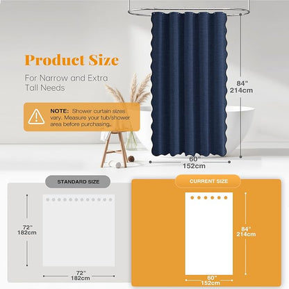BTTN Boho Scalloped Linen Textured Cloth Shower Curtain, 60x84, Navy Blue | Narrow Long Size, 230GSM Waterproof Polyester, Heavy Duty Fabric, 10 Plastic Hooks, Modern Farmhouse Style, Machine Washable