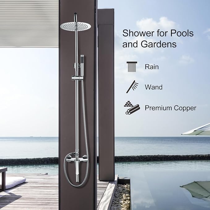Outdoor Shower Fixtures - Total Complete Shower Kit, Chrome Finish with SS304 Handheld High Pressure Shower Head, 3-Functions