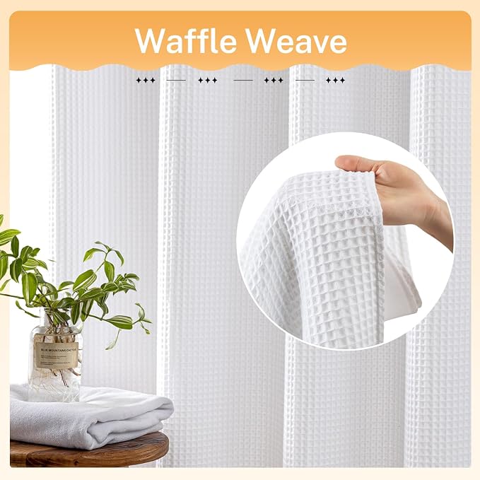 River Dream Cotton Blend Fabric Shower Curtain Set with Liner, White, 54x80 | Waffle Weave, No Hook Needed, with Snap in Replacement Liner, Top Sheer Window, Hotel Quality Fabric for Bathroom
