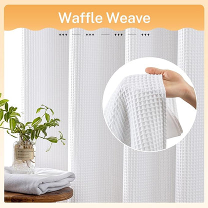 River Dream White Cotton Blend Fabric Shower Curtain Set with Liner, 71x74 | Waffle Weave, No Hook Needed, with Snap in Replacement Liner, Top Sheer Window, Hotel Quality Fabric for Bathroom