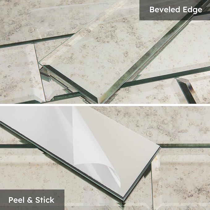 Peel and Stick Mirror Backsplash, Light Antique, 4x12 Inch, Beveled Mirror Subway Kitchen Bar Wall Tile (5 Sq.ft, 15 Pcs)