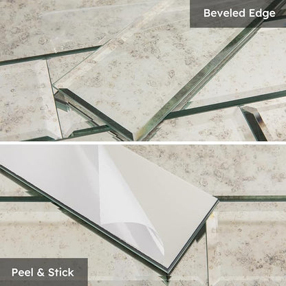 Peel and Stick Mirror Backsplash, Light Antique, 4x12 Inch, Beveled Mirror Subway Kitchen Bar Wall Tile (5 Sq.ft, 15 Pcs)