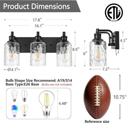 Bathroom Light Fixtures Over Mirror, 3 Lights Vanity Lights with Hammered Glass Shade, 17.8" Matte Black Farmhouse Bathroom Light Fixtures for Bedroom, Porch, Hotel, Mirror Cabinet