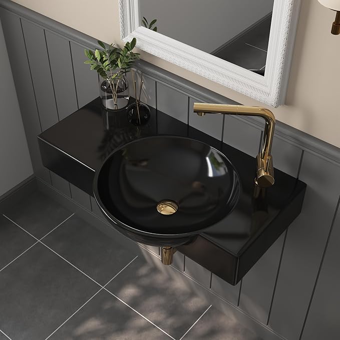 Wall Mounted Bathroom Sink, Deer Valley 30" x 18" Bathroom Vessel Sink, Black Modern Floating Countertop Lavatory Wall Hung Vessel Sink with Right Side Faucet Mount
