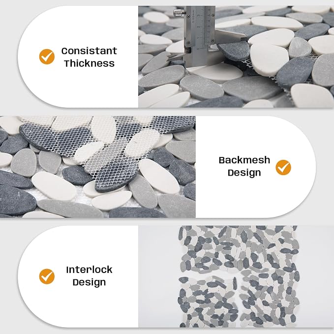 Grey Pebble Tile for Shower Floor, 12"x12" Backsplash Tiles, 5 SqFt | Slip-resistant Sliced Pebble Mosaic for Bathroom, Kitchen, Walls & Outdoor Areas, Mesh-Backed Easy to Install, Long Oval