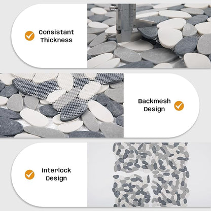 Grey Pebble Tile for Shower Floor, 12"x12" Backsplash Tiles, 5 SqFt | Slip-resistant Sliced Pebble Mosaic for Bathroom, Kitchen, Walls & Outdoor Areas, Mesh-Backed Easy to Install, Long Oval