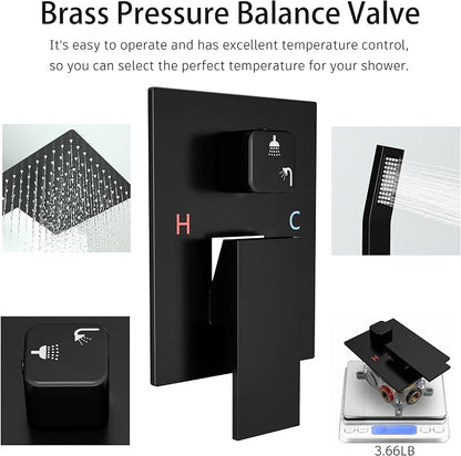 Matt Black Shower Faucet Set with Handheld, 10 inch | Air Injection High Pressure Bathroom Shower System, Solid Metal Wall Mount Anti-Scald Water Saving Rainfall Shower Set Combo
