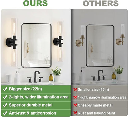 Wall Sconces Set of Two, Hardwired Matte Black Bathroom Sconces Wall Lighting with Clear Glass, Modern Sconces Wall Decor Set of 2 Bathroom Light Fixtures for Mirror Hallway (Bulbs Not Included)