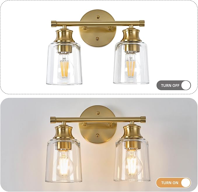 Bathroom Light Fixtures Over Mirror, 2 Lights Vanity Lights with Clear Glass Shade, 12.1" Gold Farmhouse Bathroom Wall Light Fixtures for Bedroom, Porch, Hotel, Mirror Cabinet