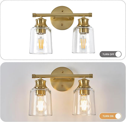 Bathroom Light Fixtures Over Mirror, 2 Lights Vanity Lights with Clear Glass Shade, 12.1" Gold Farmhouse Bathroom Wall Light Fixtures for Bedroom, Porch, Hotel, Mirror Cabinet