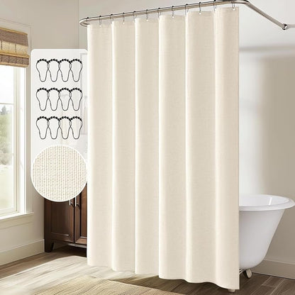 MIULEE 72 x 84 Extra Long Linen Shower Curtain Ivory 12 Metal Hooks | Washable, Heavy Fabric Curtain Set, Waterproof Thick Cloth Shower Curtains, Bathroom Hotel Bathtub