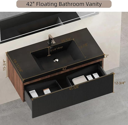42'' Floating Bathroom Vanity with Sink, Wall-Mounted Bathroom Storage Cabinet with Soft-Close Striped Drawer & Quartz Sand Basin, Modern Smoked Walnut Body with Internal Handle, Black