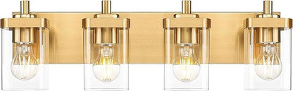 Bathroom Light Fixtures, 25" Brushed Gold Vanity Light, 4-Light Modern Wall Sconces with Square Clear Glass Shade, Vanity Lighting Fixtures Over Mirror, VL194-BG-4