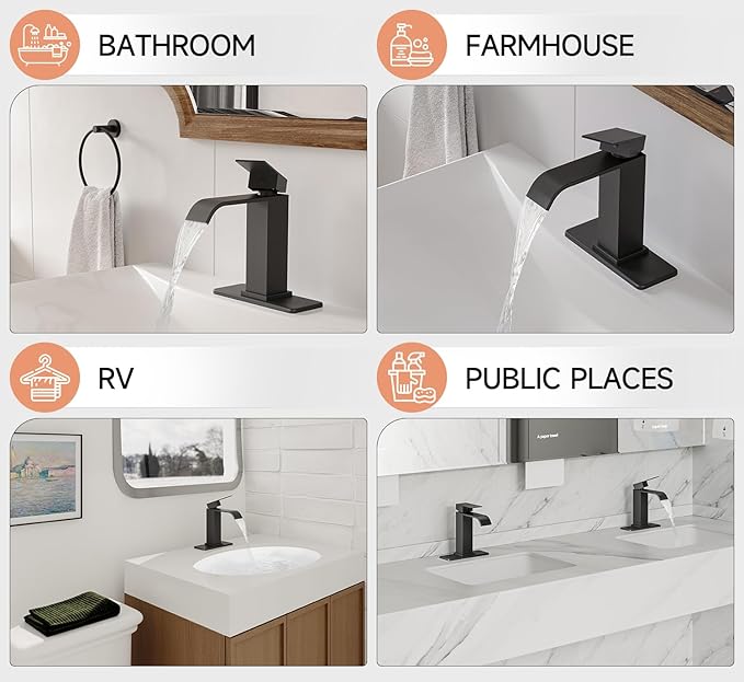 Matte Black Bathroom Faucets, Evolvegoods Modern Waterfall Bathroom Faucet, Single Handle 1 or 3 Hole Bathroom Sink Faucet, RV Mixer Tap Vanity Faucet with Deck Plate, Pop-up Drain and Supply