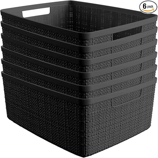 Curver Set of 6 Medium 12L Jute Decorative Plastic Organization and Storage Baskets - Perfect Bins for Home Office, Closet Shelves, Kitchen Pantry and All Bedroom Essentials, Black