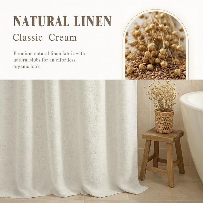 Linen Shower Curtain Flax Cream, Fabric Boho Farmhouse Shower Curtains for Bathroom Cream Cotton Natural Cloth Liner Set 72" W x 84" L