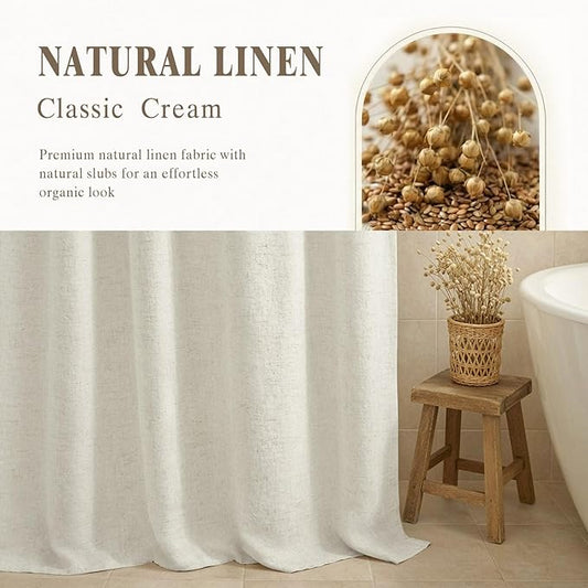 Linen Shower Curtain Flax Cream, Fabric Boho Farmhouse Shower Curtains for Bathroom Cream Cotton Natural Cloth Liner Set 72" W x 84" L