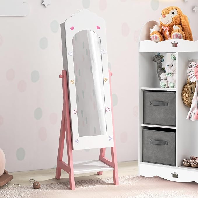CHARMAID Kids Jewelry Organizer with Full Length Mirror, Standing Jewelry Armoire with Drawers and Storage Shelves, Kids Dress Up Mirror Jewelry Cabinet for Girls Gift (White)