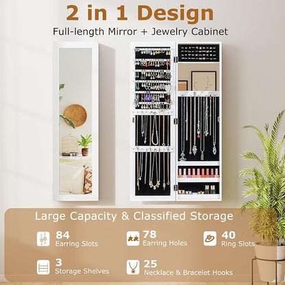 COSTWAY Full Length Mirror Jewelry Cabinet, Wall Door Mounted with Makeup Mirror, Ring Slots & Necklace Hooks, Large Storage Jewelry Armoire for Bedroom, Dressing Room (White)