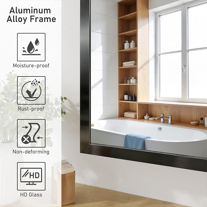 Koonmi Bathroom Mirror for Wall, 28"x32" Black Bathroom Mirror for Over Sink, Shatterproof Tempered Glass Vanity Mirror with Anti-Rust Aluminum Alloy Frame, Hang Horizontally or Vertically